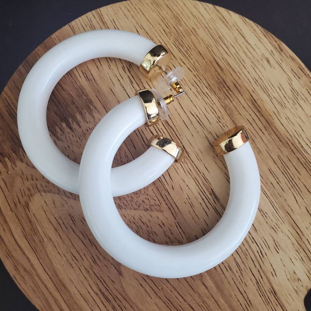 Kenneth Jay Lane White Resin Hoop Earrings with Gold-Tone Caps